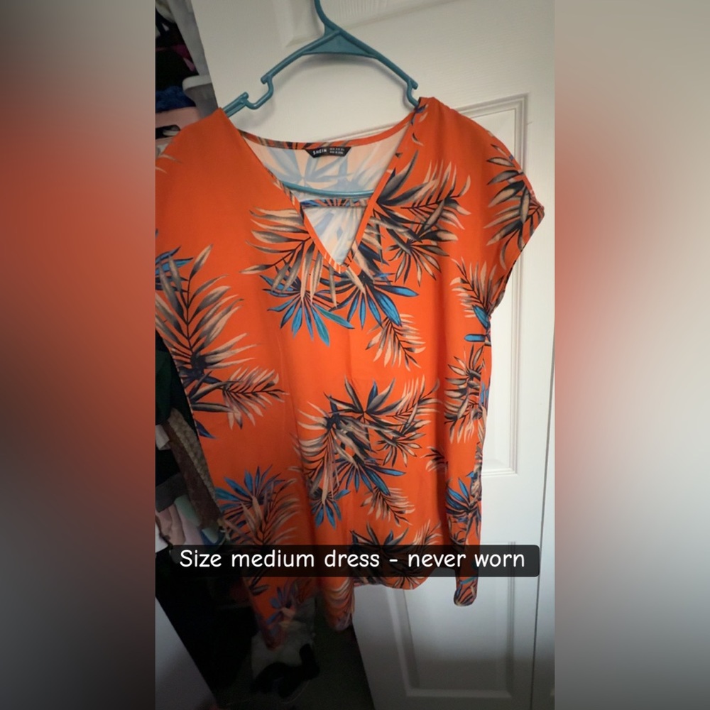 Women's Orange Tropical V-Neck Top with Blue Leaf Print